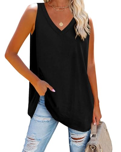 Fisoew Damen Tank Top V-Ausschnitt Blusentop Oberteile Sommer Basic locker lässig Vest Tops Bluse,Schwarz,XL von Fisoew