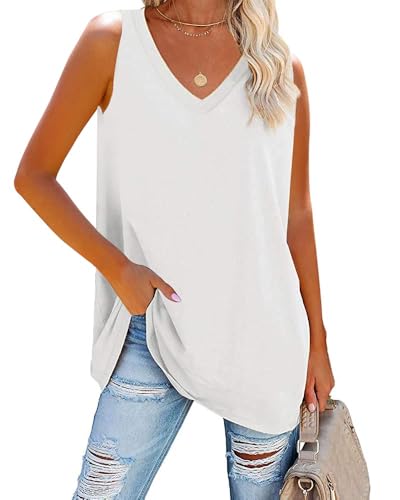 Fisoew Damen Tank Top V-Ausschnitt Blusentop Oberteile Sommer Basic locker lässig Vest Tops Bluse,Weiß,XXL von Fisoew