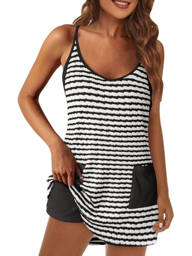 Fisoew Damen Jumpsuit Gestreift U-Ausschnitt Tenniskleid mit integriertem BH und Shorts Sommerkleid Kurz mit Taschen Romper(Schwarz,XL) von Fisoew