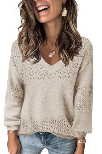 Fisoew Damen V-Ausschnitt Strickpullover Langarm Gerippte Pullover Leicht Häkelpullover Casual Sweater,Beige,XXL von Fisoew