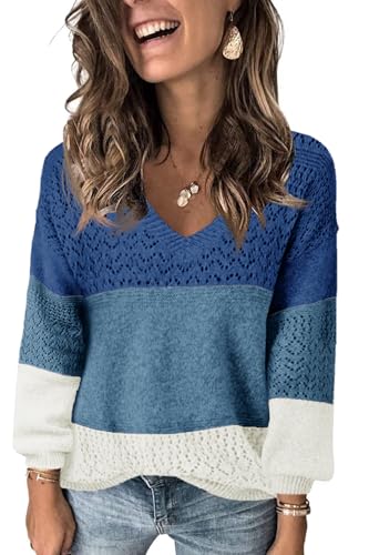 Fisoew Damen V-Ausschnitt Strickpullover Langarm Gerippte Pullover Leicht Häkelpullover Casual Sweater,Blau-Weiß,M von Fisoew
