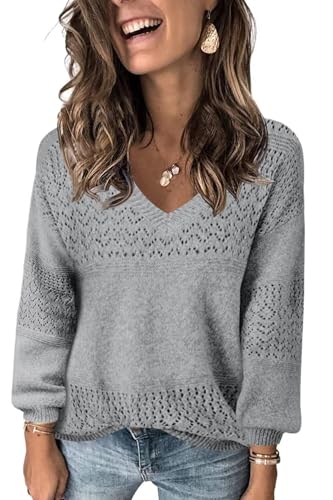 Fisoew Damen V-Ausschnitt Strickpullover Langarm Gerippte Pullover Leicht Häkelpullover Casual Sweater,Grau,M Fisoew Damen V-Ausschnitt Strickpullover Langarm Gerippte Pullover Leicht Häkelpullover Casual Sweater,Grau,M von Fisoew