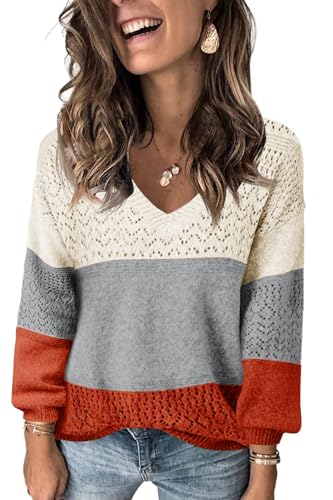 Fisoew Damen V-Ausschnitt Strickpullover Langarm Gerippte Pullover Leicht Häkelpullover Casual Sweater,Grau-Rosa,L von Fisoew