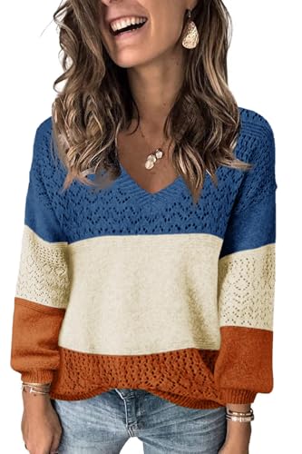 Fisoew Damen V-Ausschnitt Strickpullover Langarm Gerippte Pullover Leicht Häkelpullover Casual Sweater,Orange,XXL von Fisoew