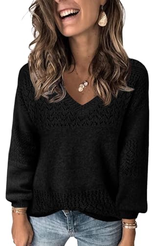 Fisoew Damen V-Ausschnitt Strickpullover Langarm Gerippte Pullover Leicht Häkelpullover Casual Sweater,Schwarz,L von Fisoew