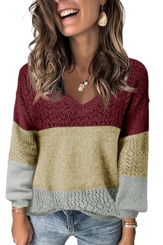 Fisoew Damen V-Ausschnitt Strickpullover Langarm Gerippte Pullover Leicht Häkelpullover Casual Sweater,Weinrot,L von Fisoew