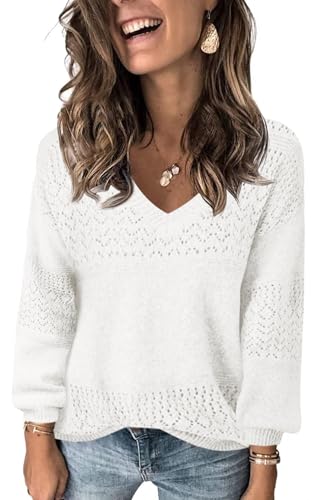 Fisoew Damen V-Ausschnitt Strickpullover Langarm Gerippte Pullover Leicht Häkelpullover Casual Sweater,Weiß,M von Fisoew