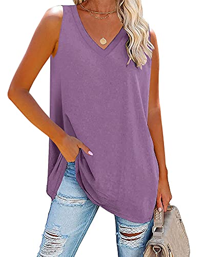 Fisoew Damen V-Ausschnitt Tank Tops Sommer Lose Casual Basic Einfarbig Ärmellose Shirts Tunika Tops, violett, X-Groß von Fisoew
