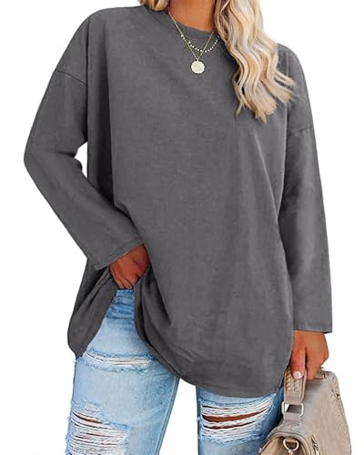 Fisoew Große Größen Langarmshirt Damen Oversize Plus Size T Shirts Rundhalsausschnitt Pullover Basic Tunika Tops Oberteile,Dunkelgrau,4XL von Fisoew