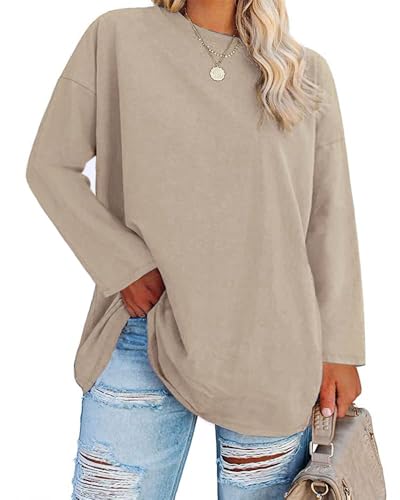 Fisoew Große Größen Langarmshirt Damen Oversize Plus Size T Shirts Rundhalsausschnitt Pullover Basic Tunika Tops Oberteile,Khaki,4XL von Fisoew