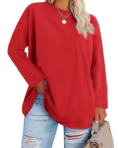 Fisoew Große Größen Langarmshirt Damen Oversize Plus Size T Shirts Rundhalsausschnitt Pullover Basic Tunika Tops Oberteile,Rot,XXL Fisoew Große Größen Langarmshirt Damen Oversize Plus Size T Shirts Rundhalsausschnitt Pullover Basic Tunika Tops Oberteile,Rot,XXL von Fisoew