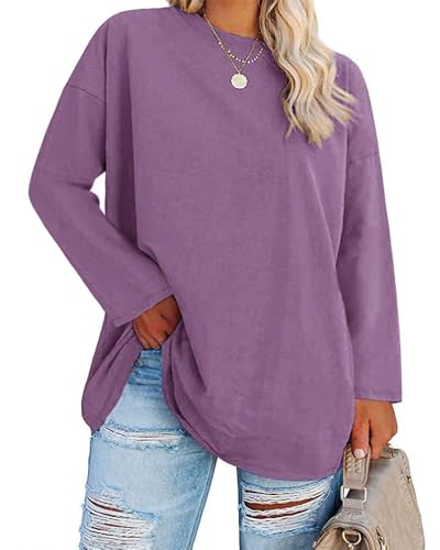 Fisoew Große Größen Langarmshirt Damen Oversize Plus Size T Shirts Rundhalsausschnitt Pullover Basic Tunika Tops Oberteile,Violett,5XL von Fisoew