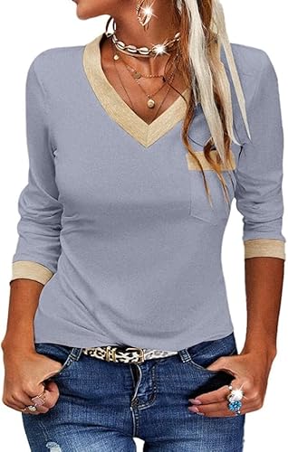 Fisoew Langarmshirt Damen Casual V-Ausschnitt Farbblock Langarm Oberteil T Shirts Basic Tunika Tops Blusen. Fisoew Langarmshirt Damen Casual V-Ausschnitt Farbblock Langarm Oberteil T Shirts Basic Tunika Tops Blusen. von Fisoew