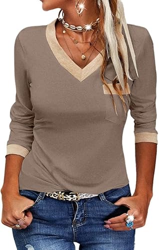 Fisoew Langarmshirt Damen Casual V-Ausschnitt Farbblock Langarm Oberteil T Shirts Basic Tunika Tops Blusen. Fisoew Langarmshirt Damen Casual V-Ausschnitt Farbblock Langarm Oberteil T Shirts Basic Tunika Tops Blusen. von Fisoew