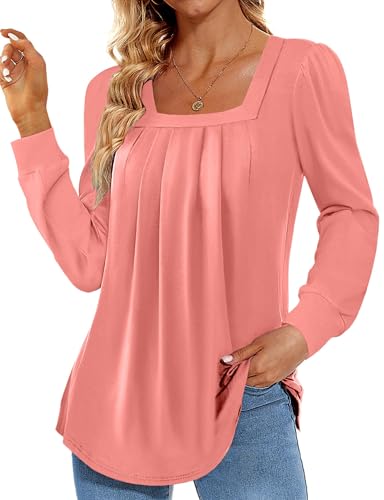 Fisoew Langarmshirt Damen Elegant U-Ausschnitt Solide Tunika T-Shirt Freizeit Oberteil Herbst Winter（Rosa，S von Fisoew