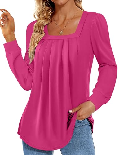 Fisoew Langarmshirt Damen Elegant U-Ausschnitt Solide Tunika T-Shirt Freizeit Oberteil Herbst Winter（rosarot，M von Fisoew