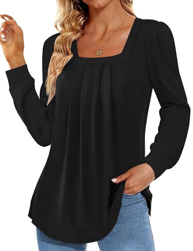 Fisoew Langarmshirt Damen Elegant U-Ausschnitt Solide Tunika T-Shirt Freizeit Oberteil Herbst Winter（schwarz，M von Fisoew