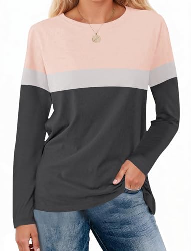 Fisoew Langarmshirt Damen Farbblock T Shirt Langarm Casual Rundhals Pullover Tops Oberteile,Rosa,L von Fisoew