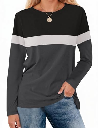 Fisoew Langarmshirt Damen Farbblock T Shirt Langarm Casual Rundhals Pullover Tops Oberteile,Schwarz,S von Fisoew