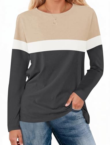 Fisoew Langarmshirt Damen Farbblock T Shirt Langarm Casual Rundhals Pullover Tops Oberteile,Weiß,XXL von Fisoew
