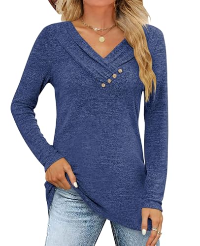 Fisoew Langarmshirt Damen Longshirt Pullover V-Ausschinitt Knopf Sweatshirt Lockere Herbst Oberteile T Shirts Tunika Top,Dunkelblau,XL von Fisoew