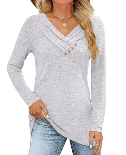 Fisoew Langarmshirt Damen Longshirt Pullover V-Ausschinitt Knopf Sweatshirt Lockere Herbst Oberteile T Shirts Tunika Top,Hellgrau,XXL von Fisoew