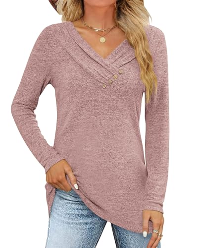 Fisoew Langarmshirt Damen Longshirt Pullover V-Ausschinitt Knopf Sweatshirt Lockere Herbst Oberteile T Shirts Tunika Top,Rosa,M von Fisoew