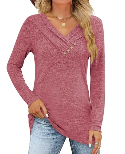 Fisoew Langarmshirt Damen Longshirt Pullover V-Ausschinitt Knopf Sweatshirt Lockere Herbst Oberteile T Shirts Tunika Top,Rot,M von Fisoew