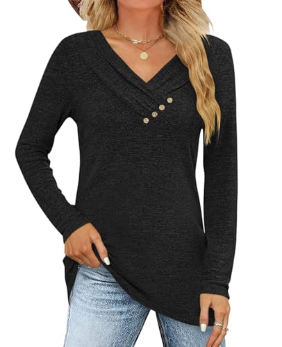 Fisoew Langarmshirt Damen Longshirt Pullover V-Ausschinitt Knopf Sweatshirt Lockere Herbst Oberteile T Shirts Tunika Top,Schwarz,L von Fisoew