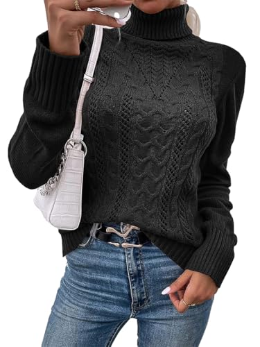 Fisoew Pullover Damen Elegant Rollkragenpulli Cable Knit Langarm Strickpullover Casual Jumper Sweater Wollpulli,Schwarz,S von Fisoew