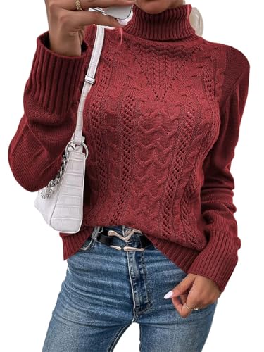 Fisoew Pullover Damen Elegant Rollkragenpulli Cable Knit Langarm Strickpullover Casual Jumper Sweater Wollpulli,Weinrot,L von Fisoew