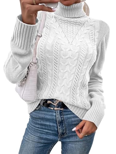 Fisoew Pullover Damen Elegant Rollkragenpulli Cable Knit Langarm Strickpullover Casual Jumper Sweater Wollpulli,Weiß,S von Fisoew