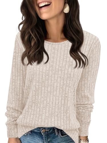 Fisoew Pullover Damen Langarmshirt Leichter Rundhals Casual Strickpullover Oberteil Loose Fit Pulli Sweatshirt,Aprikose,XXL von Fisoew