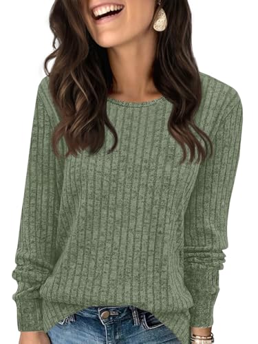Fisoew Pullover Damen Langarmshirt Leichter Rundhals Casual Strickpullover Oberteil Loose Fit Pulli Sweatshirt,Armeegrün,L von Fisoew