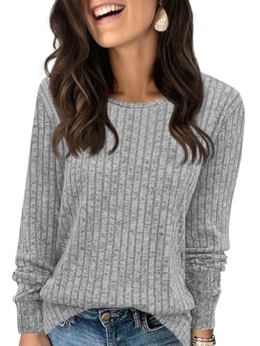 Fisoew Pullover Damen Langarmshirt Leichter Rundhals Casual Strickpullover Oberteil Loose Fit Pulli Sweatshirt,Grau,S von Fisoew
