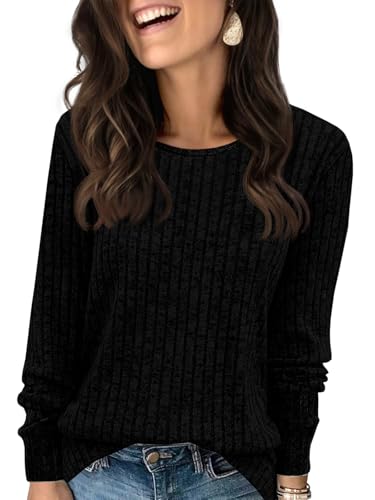 Fisoew Pullover Damen Langarmshirt Leichter Rundhals Casual Strickpullover Oberteil Loose Fit Pulli Sweatshirt,Schwarz,XXL von Fisoew
