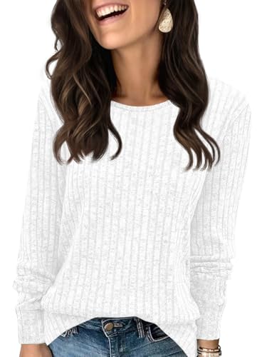 Fisoew Pullover Damen Langarmshirt Leichter Rundhals Casual Strickpullover Oberteil Loose Fit Pulli Sweatshirt,Weiß,M von Fisoew
