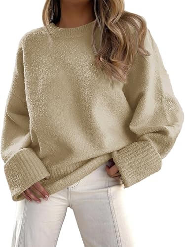 Fisoew Pullover Damen Rundhals Strickpullover Fuzzy Pulli Winter Oversized Sweatershirt Herbst Warm Oberteile Lose （Aprikose,S） von Fisoew
