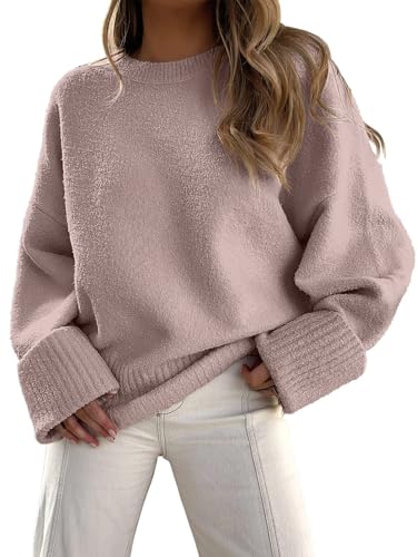 Fisoew Pullover Damen Rundhals Strickpullover Fuzzy Pulli Winter Oversized Sweatershirt Herbst Warm Oberteile Lose （Bohnenpaste rosa，M） von Fisoew
