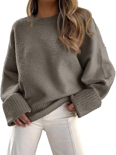 Fisoew Pullover Damen Rundhals Strickpullover Fuzzy Pulli Winter Oversized Sweatershirt Herbst Warm Oberteile Lose （Grau,M） von Fisoew