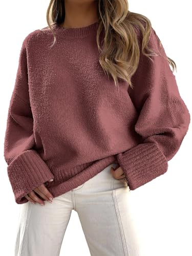 Fisoew Pullover Damen Rundhals Strickpullover Fuzzy Pulli Winter Oversized Sweatershirt Herbst Warm Oberteile Lose （Lilarot，S） von Fisoew