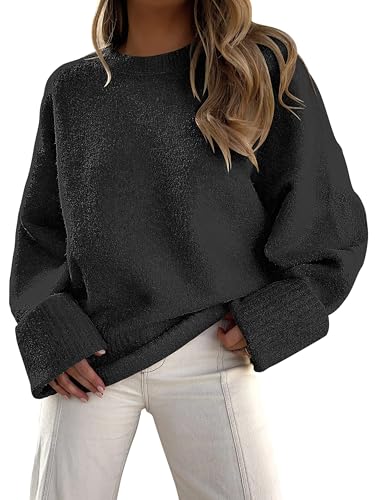 Fisoew Pullover Damen Rundhals Strickpullover Fuzzy Pulli Winter Oversized Sweatershirt Herbst Warm Oberteile Lose （Schwarz,XXL von Fisoew