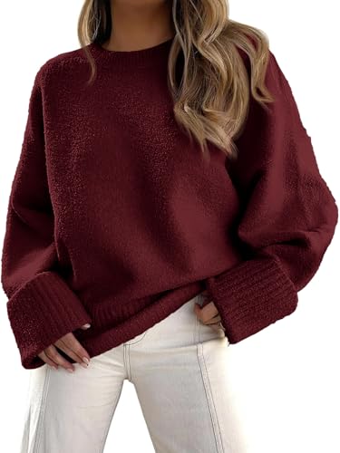 Fisoew Pullover Damen Rundhals Strickpullover Fuzzy Pulli Winter Oversized Sweatershirt Herbst Warm Oberteile Lose （Weinrot,S von Fisoew