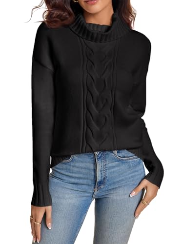 Fisoew Rollkragenpullover Damen Einfarbig Oberteile Strickpullover Langarm Sweater Herbst Winter（schwarz，S） von Fisoew