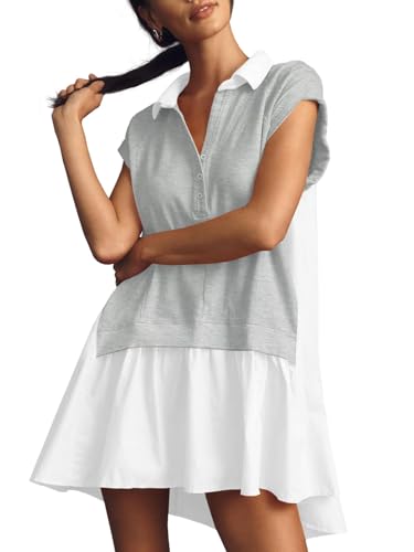 Fisoew Damen Sommerkleid 100% Baumwolle Patchwork Kleider mit V-Ausschnitt Shirtkleider Oversized Blusenkleid(Grau, S) von Fisoew