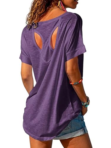 Fisoew Sportshirt Damen Fitness Kurzarm Oversized Yoga T-Shirt Leicht Gym Sport Oberteile(Lila, M) von Fisoew