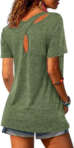 Fisoew Sportshirt Damen Fitness Kurzarm Yoga T-Shirt Leicht Gym Sport Oberteile Locker(A-Armee grün,S) von Fisoew