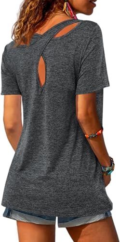 Fisoew Sportshirt Damen Fitness Kurzarm Yoga T-Shirt Leicht Gym Sport Oberteile Locker(A-Schwarz,XXL) von Fisoew