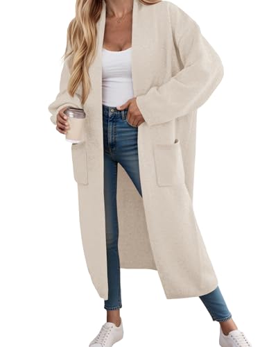 Fisoew Strickjacke Damen Lang Cardigan Langarm Oversized Strickmantel Open Front Sweater Jacke mit Taschen,Aprikose,XXL von Fisoew