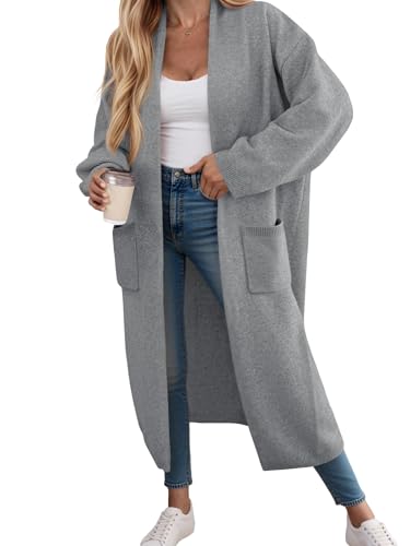 Fisoew Strickjacke Damen Lang Cardigan Langarm Oversized Strickmantel Open Front Sweater Jacke mit Taschen,Hellgrau,L Fisoew Strickjacke Damen Lang Cardigan Langarm Oversized Strickmantel Open Front Sweater Jacke mit Taschen,Hellgrau,L von Fisoew